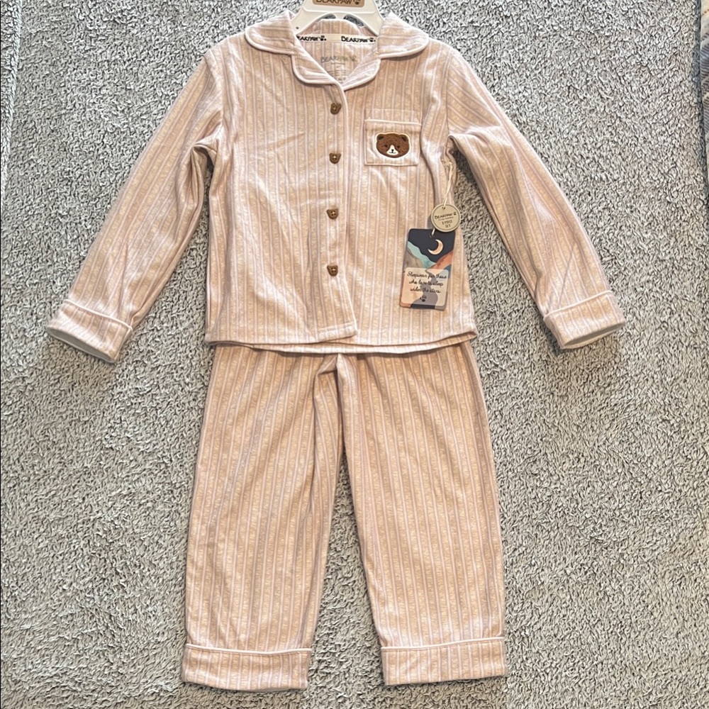 BearPaw Cream Striped Kids Pajama Set with Bear Patch